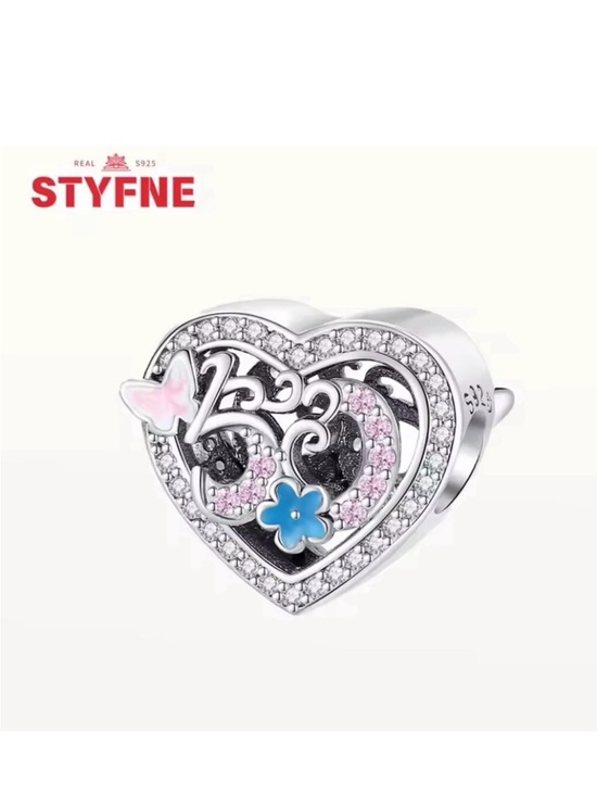 STYFNE Jewelry - Heart-Shaped Sterling Silver 925 Charm with Number “50” and Pink & Blue Accents